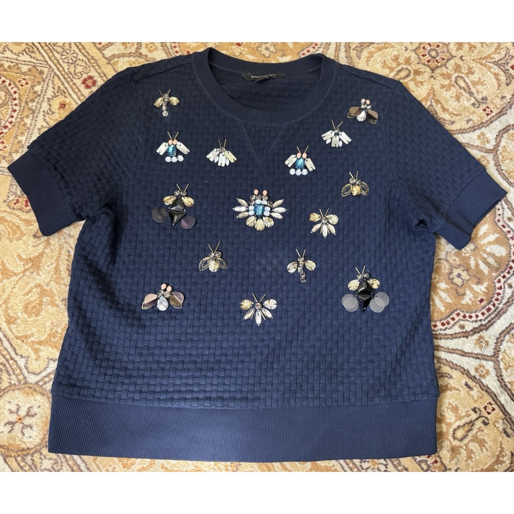 Banana Republic Embellished Bug Brooch Jeweled Sweater Small Womens Short Sleeve